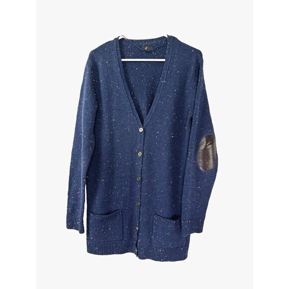 Professor Academia Grandpa Cardigan XL Navy Marled Knit Elbow Patch Y2K Retro - Picture 1 of 7